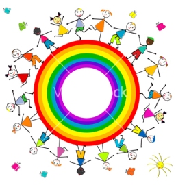 Stylized children around a rainbow